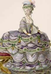 Dupinによって刻まれた公爵夫人のイブニングガウン、プレートno.161「Galeries des Modes et Costumes Francais」、1789年